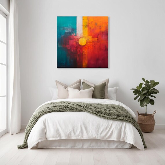 Vintage Geometric Sun Print Landscape Modern Painting Outdoor Nature Rustic Bright Wall Print Airbnb Art Wall Decor