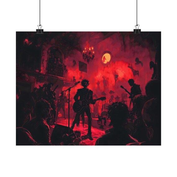 Rock Band Performing Live on Red Lit Haunted Gothic Hall Poster