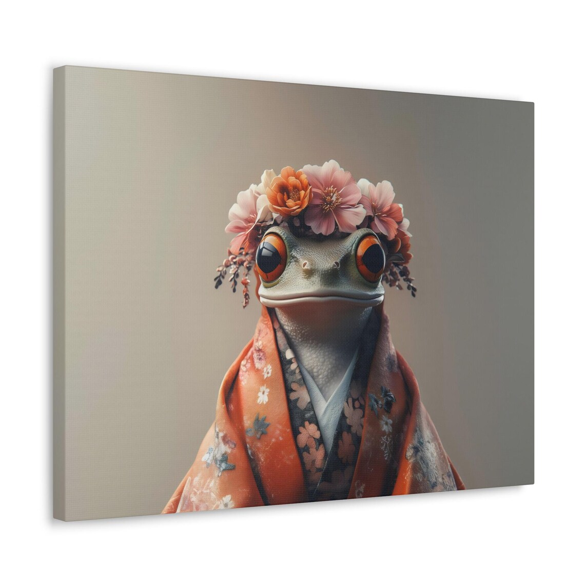 Frog Fashionista Portrait Pink Floral Crown And Kimono Robe Poster - Image 2