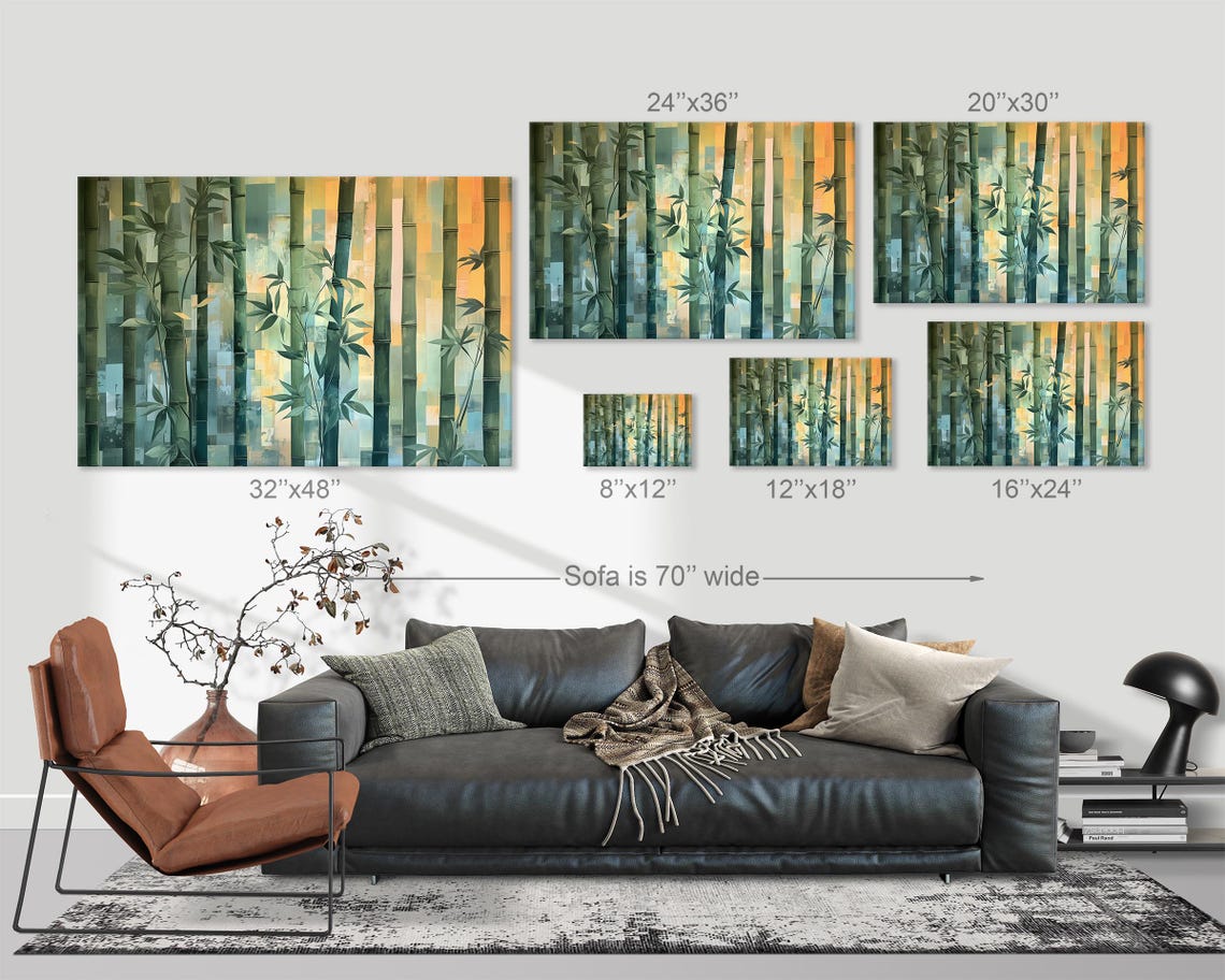 Mosaic Bamboo Forest Pixelated Art Green Orange Modern Print - Image 3