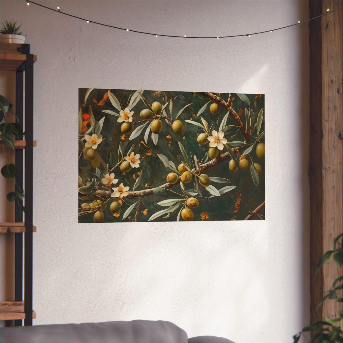 Olive Branch with Blossoms Vintage Botanical Dark Moody Wall Poster - Image 2