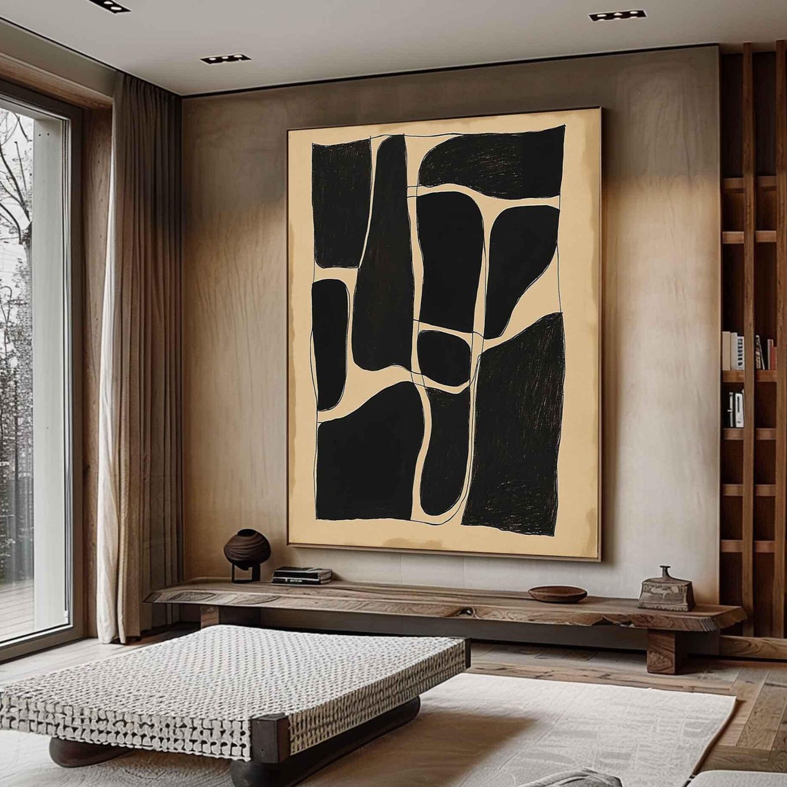 Bold Black Beige Geometric Abstract Art Modern Organic Shapes Wall Art