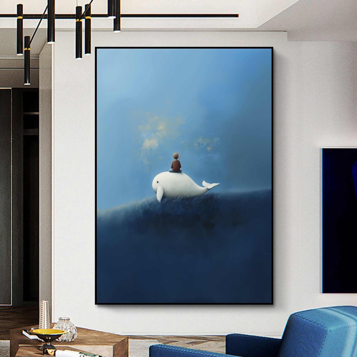 Boy Fishing on Whale Deep Blue Midnight Sea Surreal Night Art Poster