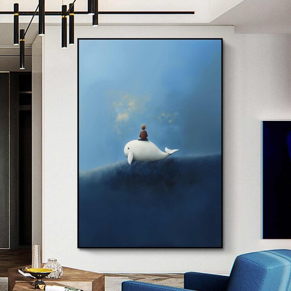 Pure Blue White Whale Painting Emerald Blue Wall Art Abstract Art Painting Minimalist Wall Art Surrealism Decor Dark Blue Wall Art