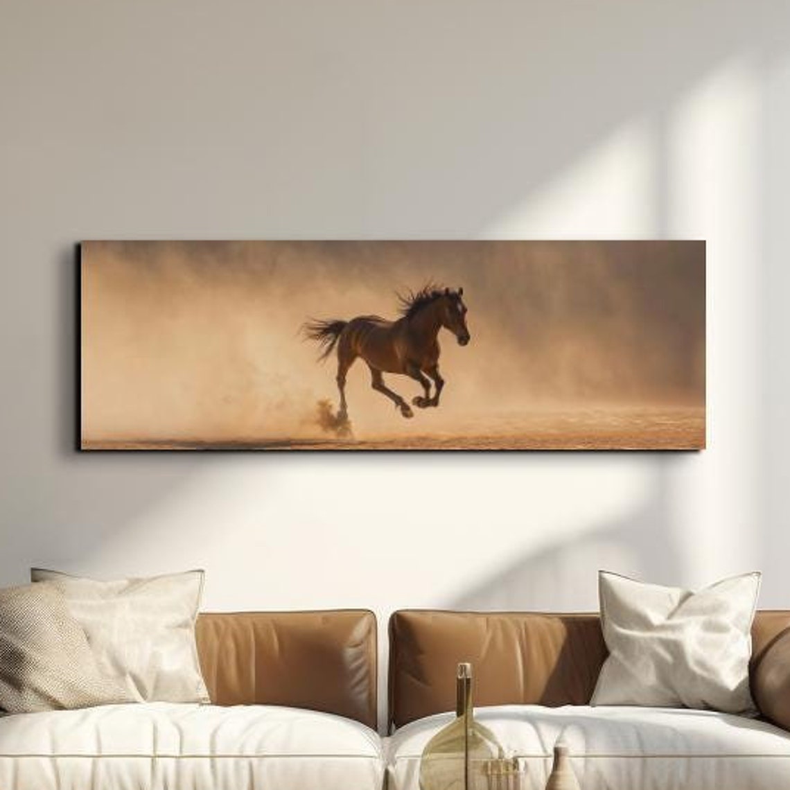 Chestnut Horse Galloping Through Golden Dust Panoramic Poster
