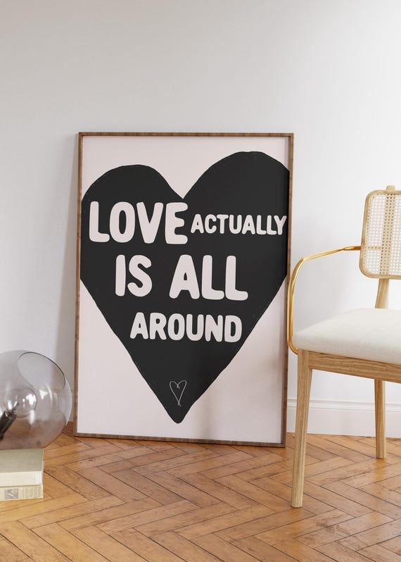 Love Is All Around Black White Vintage Style Painted Wall Art Valentine Cute Bedroom Decor Trendy Modern Girly Heart Poster Print