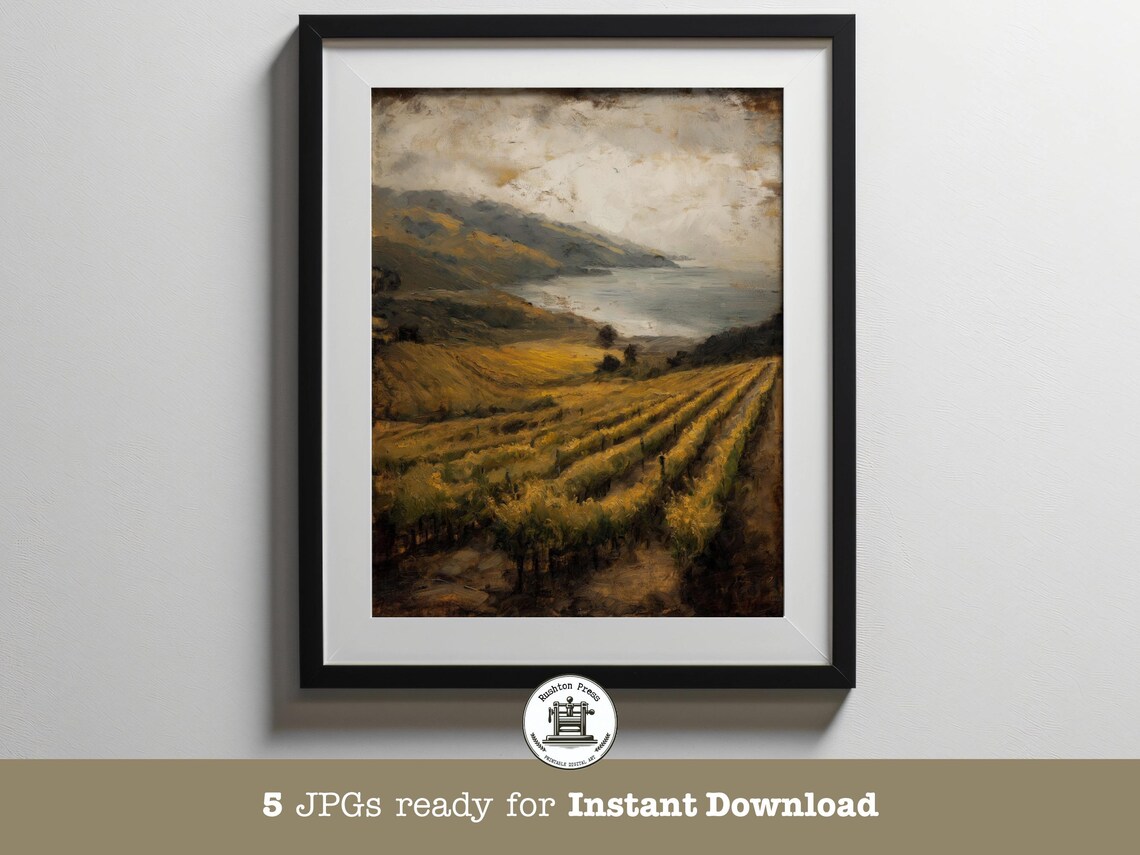 Golden Vineyard Rows to the Sea Autumn Landscape Painting Poster