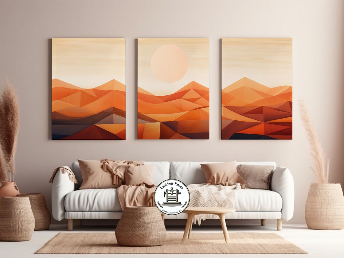Boho Mountain Landscape Terracotta Abstract Three Panel Wall Art Set