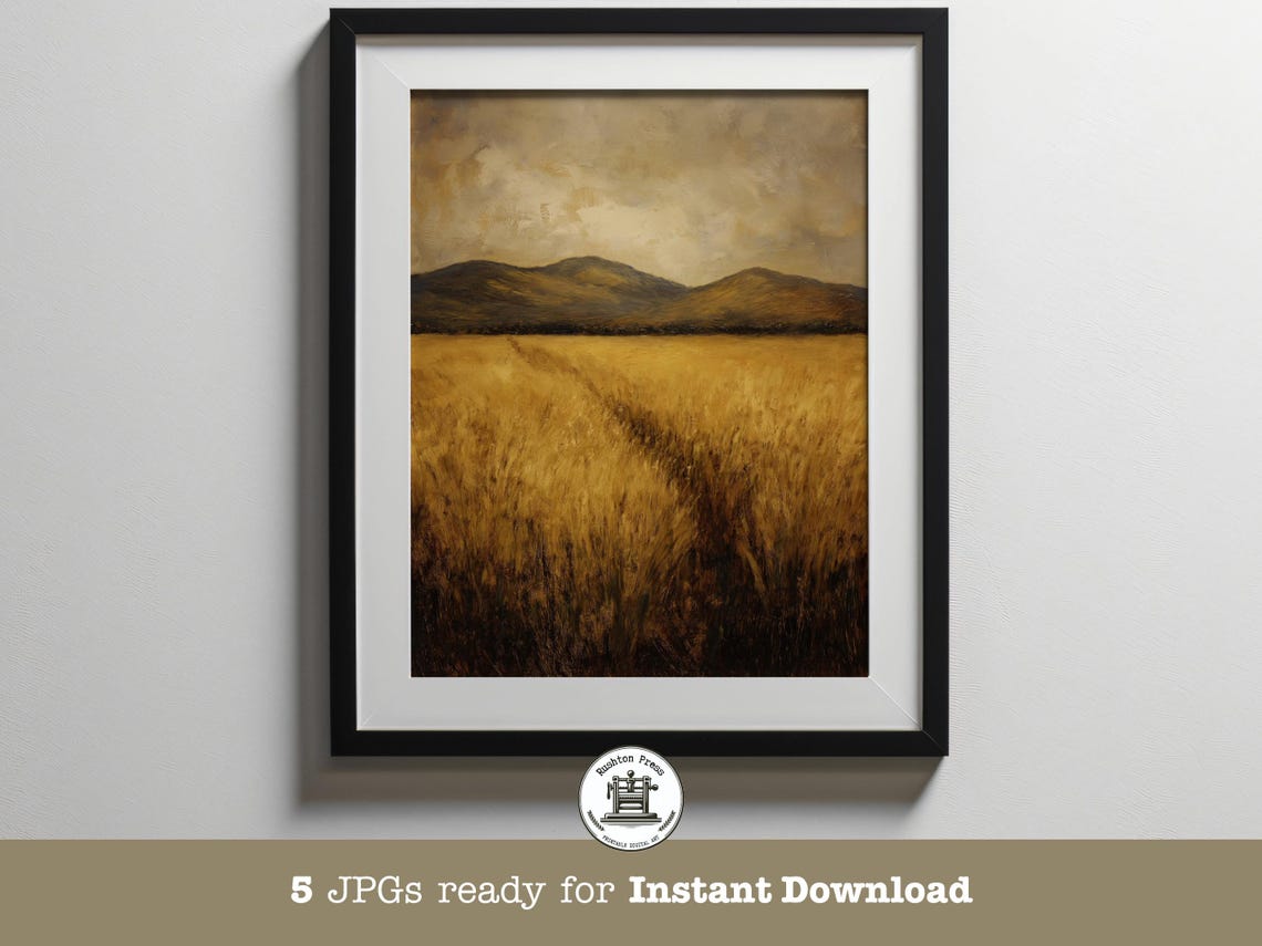 Golden Wheat Field Mountain Path Moody Vintage Landscape Print