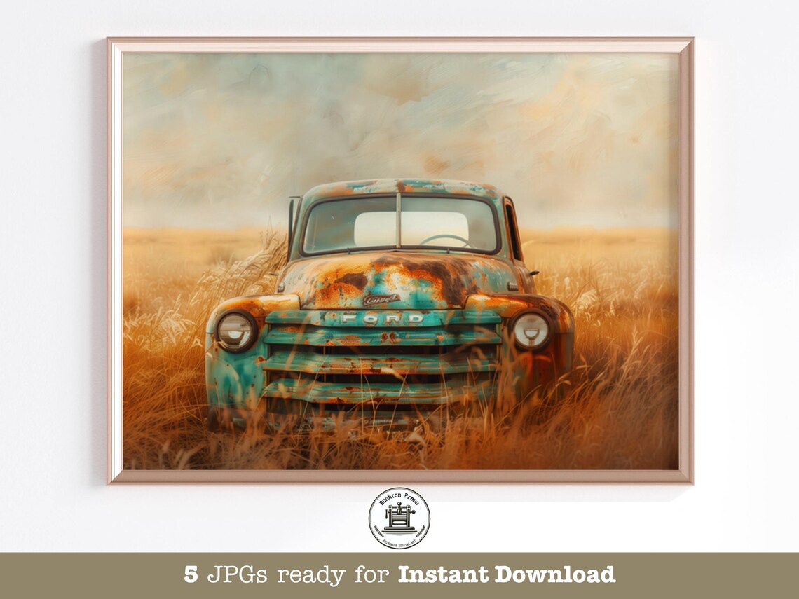 Vintage Rusty Ford Pickup Truck in Golden Wheat Field Wall Art