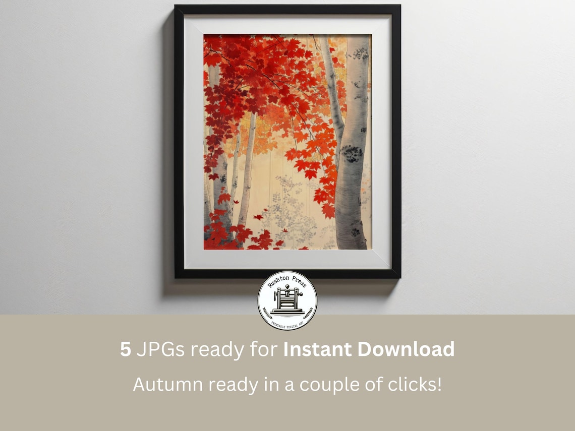 Japandi Birch Trees Red Maple Leaves Autumn Neutral Landscape Art Poster
