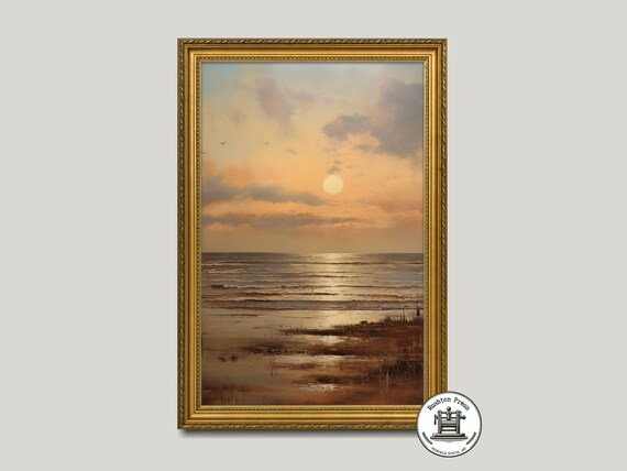 Golden Beach Sunset Ocean Waves Warm Tones Seascape Painting Poster