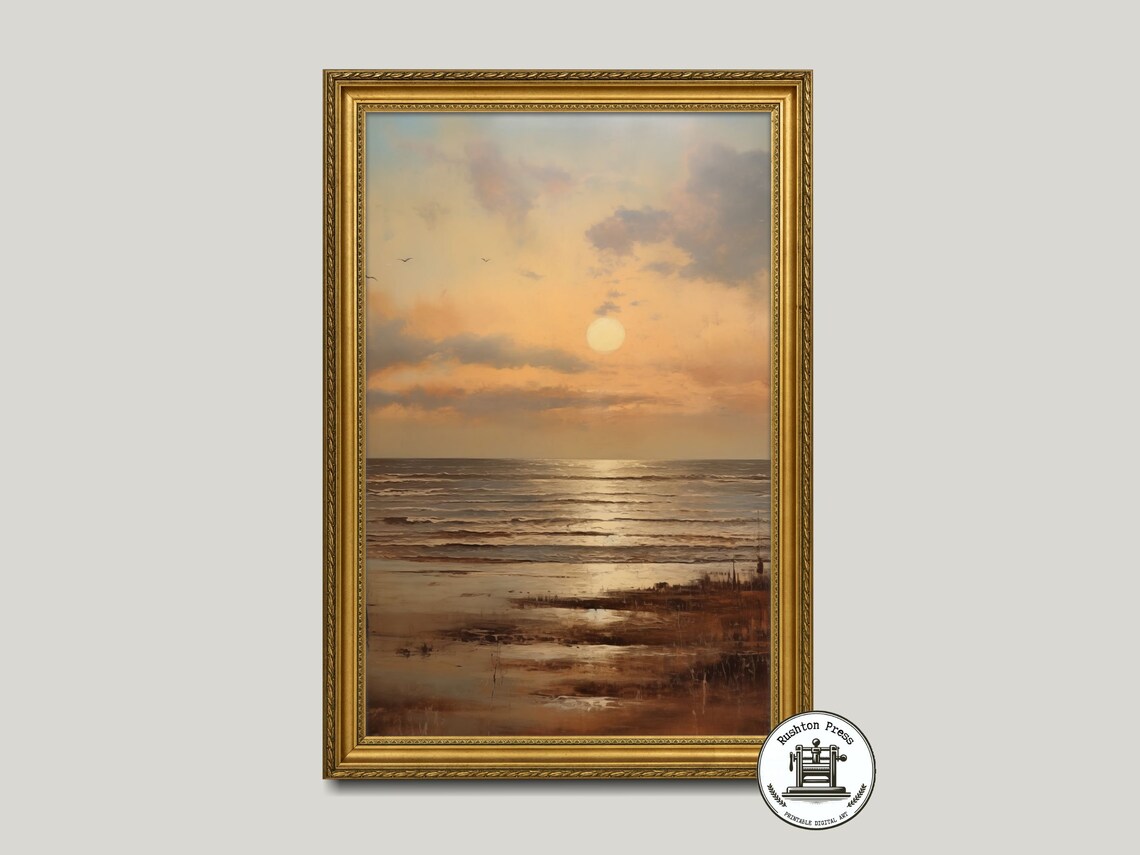 Golden Beach Sunset Ocean Waves Warm Tones Seascape Painting Poster