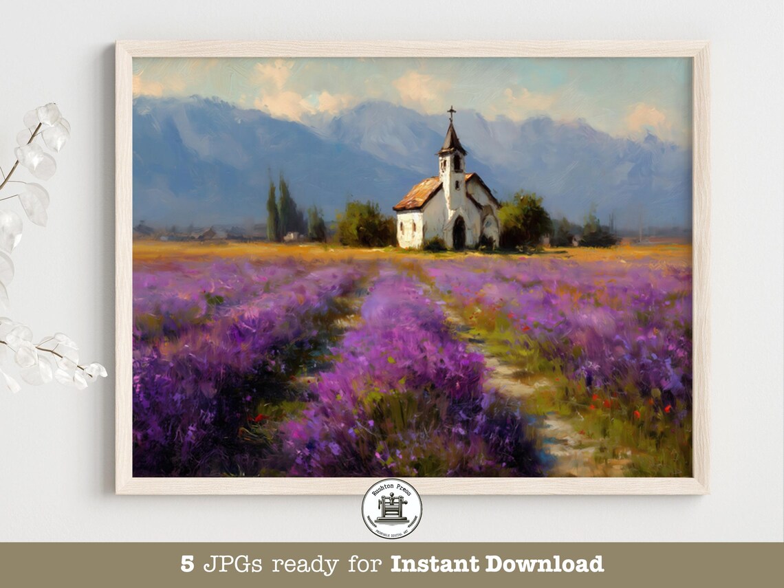 Purple Lavender Field White Chapel Mountain Provence Landscape Print