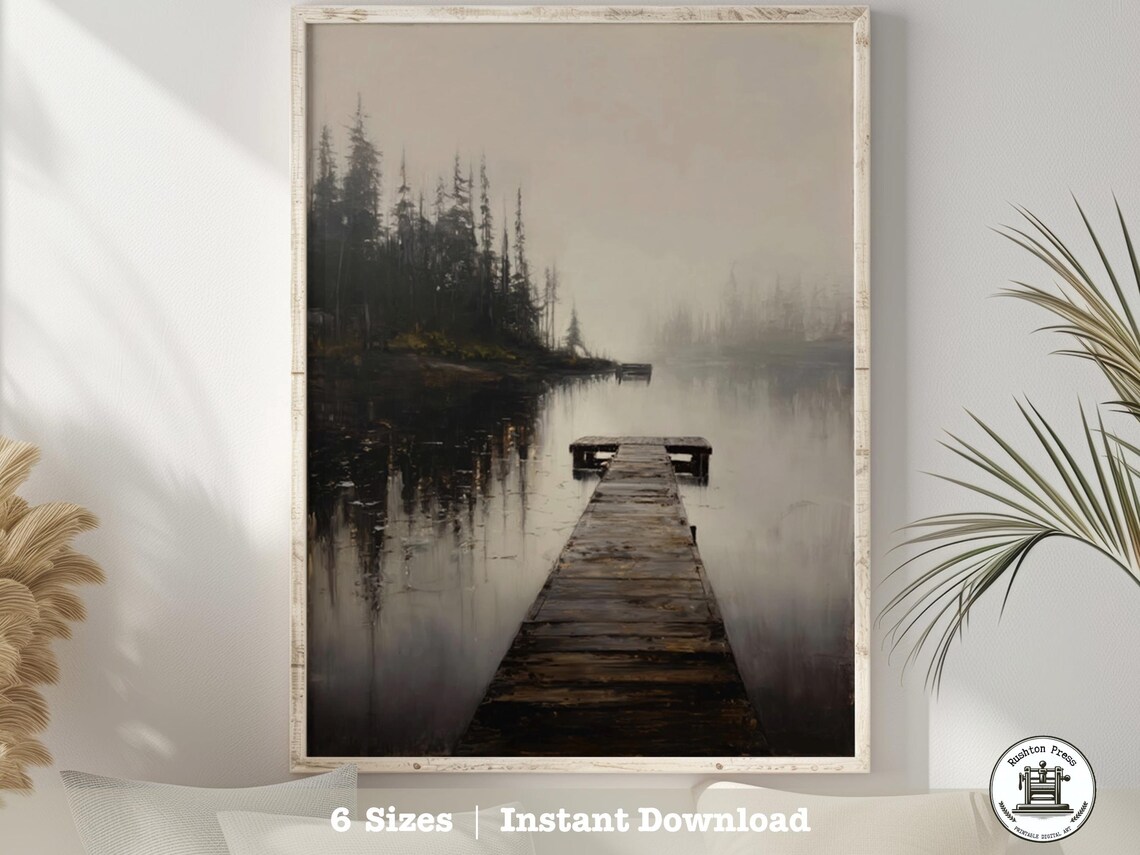 Foggy Lakeside Dock, Moody Minimalist Landscape Print