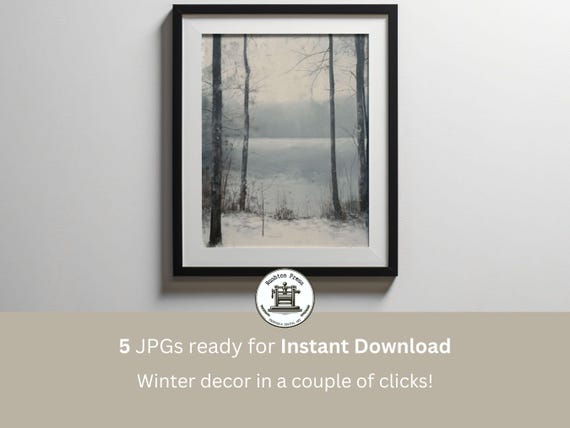 Winter Lakeside Painting Snowy Forest Landscape Art