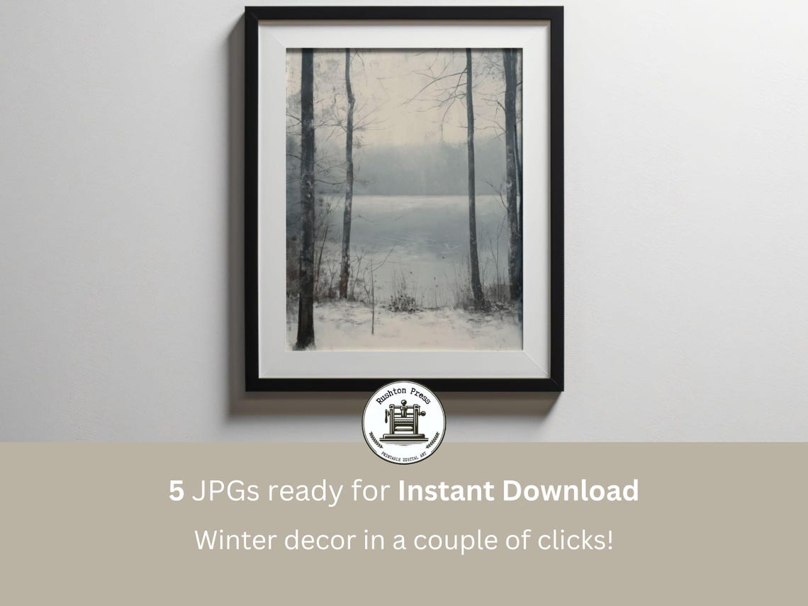 Misty Snowy Forest Lake Winter Painting Serene Woodland Poster