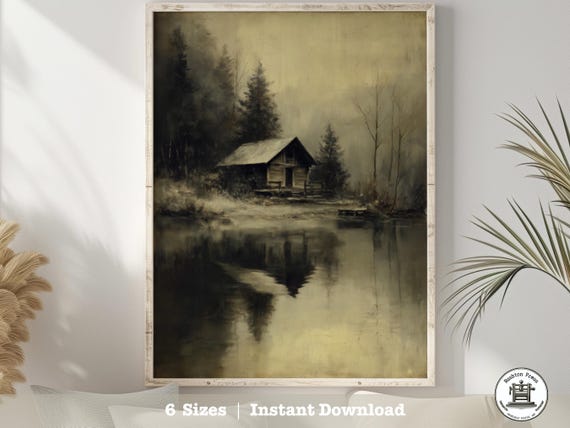 Rustic Cabin Lake Print Encaustic Style Landscape