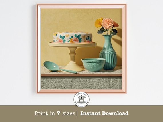 Vintage Floral Cake Stand Print Pastel 1950s Kitchen Still Life Decor