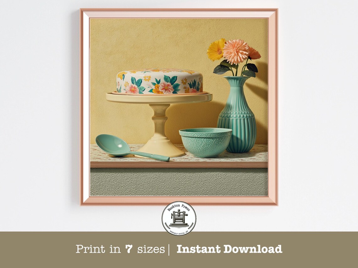 Vintage Floral Cake Stand Print Pastel 1950s Kitchen Still Life Decor