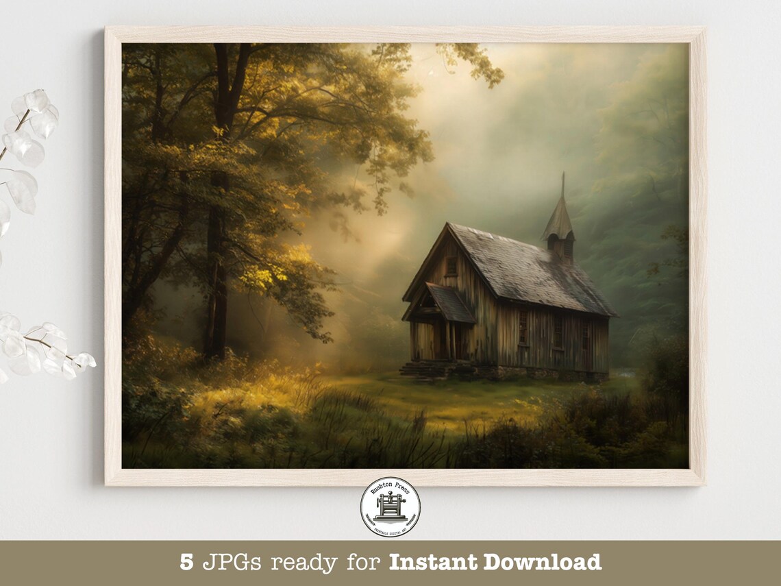 Blue Ridge Chapel Print, Rustic Forest Landscape