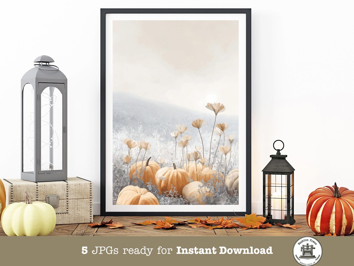 Pumpkin Meadow Sunrise Print Neutral Fall Landscape Rustic Autumn Decor