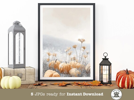 Pumpkin Meadow Sunrise Print Neutral Fall Landscape Rustic Autumn Decor