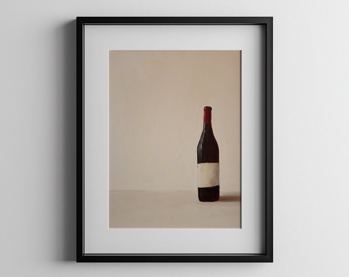 Red Wine Bottle Minimalist Still Life Poster Beige Kitchen Bar Decor Art