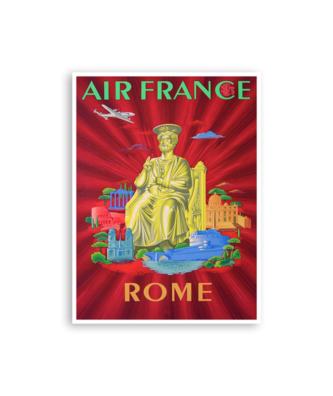 Air France Rome Golden Statue Colosseum Vintage Airline Poster
