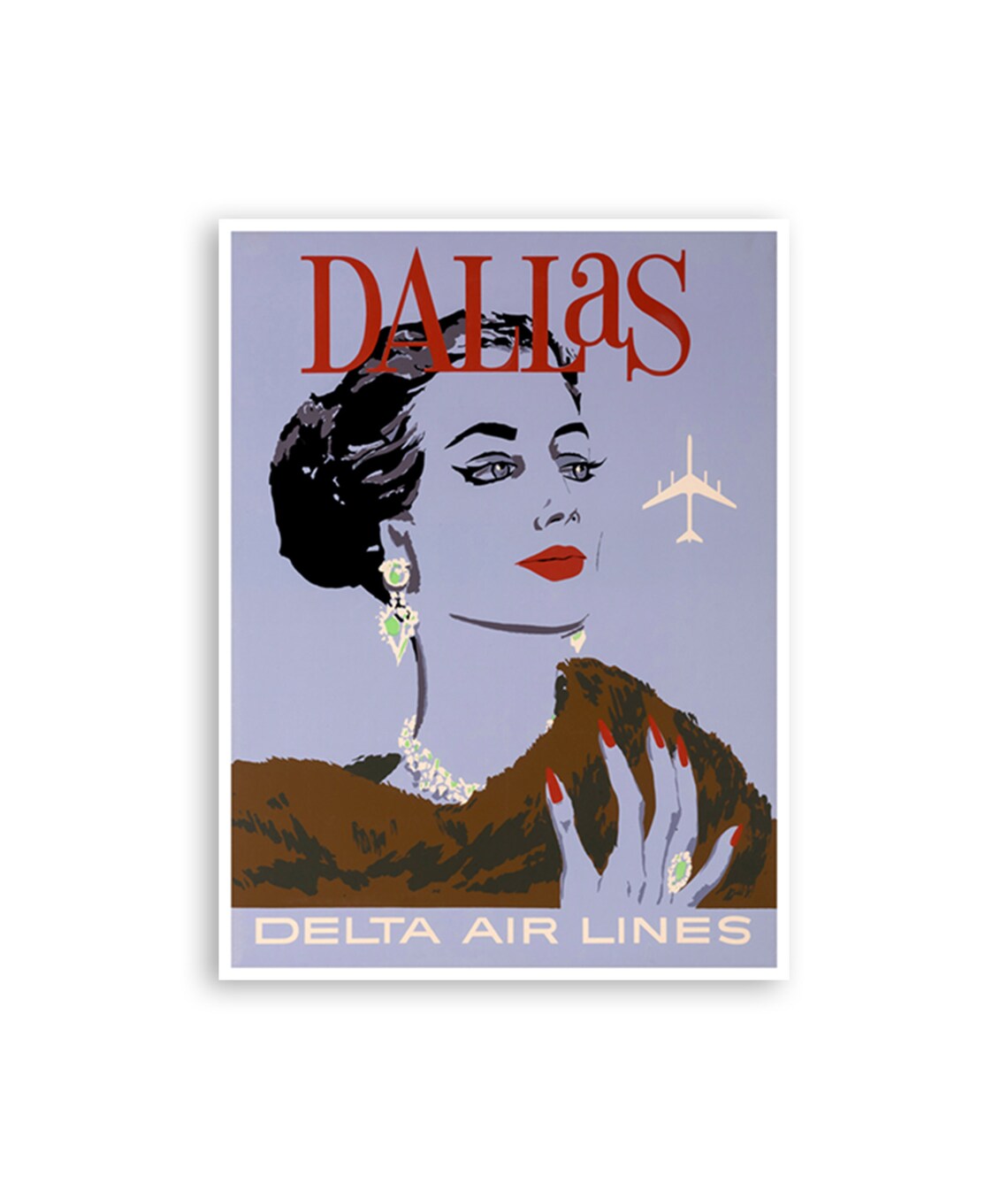 Dallas Delta Air Lines Glamorous Woman Fur Jewels Vintage Poster