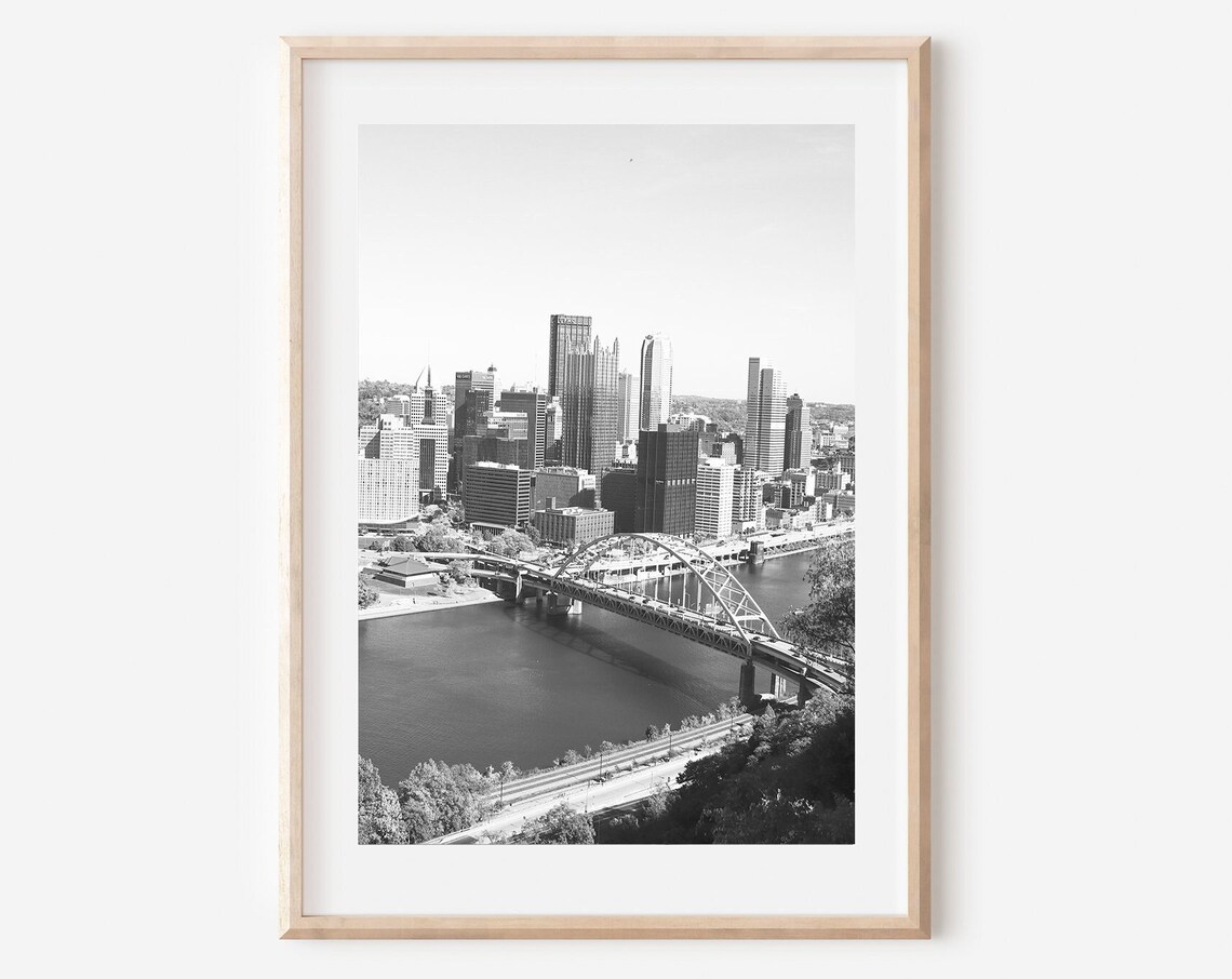 Pittsburgh Downtown Skyline Fort Pitt Bridge Black White Poster