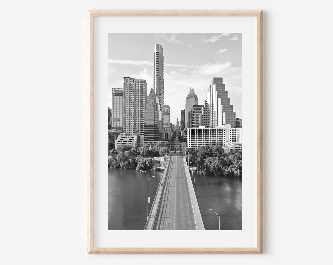 Austin Texas Downtown Skyline Bridge River Black and White Poster