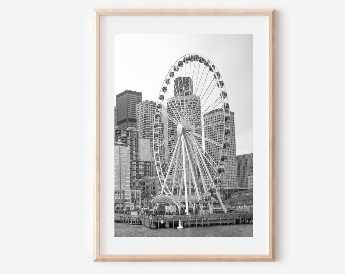Seattle Great Wheel Waterfront Skyline Black and White Poster
