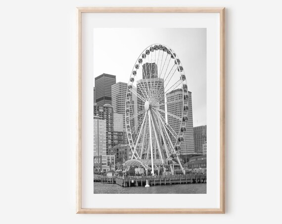 Seattle Great Wheel Waterfront Skyline Black and White Poster