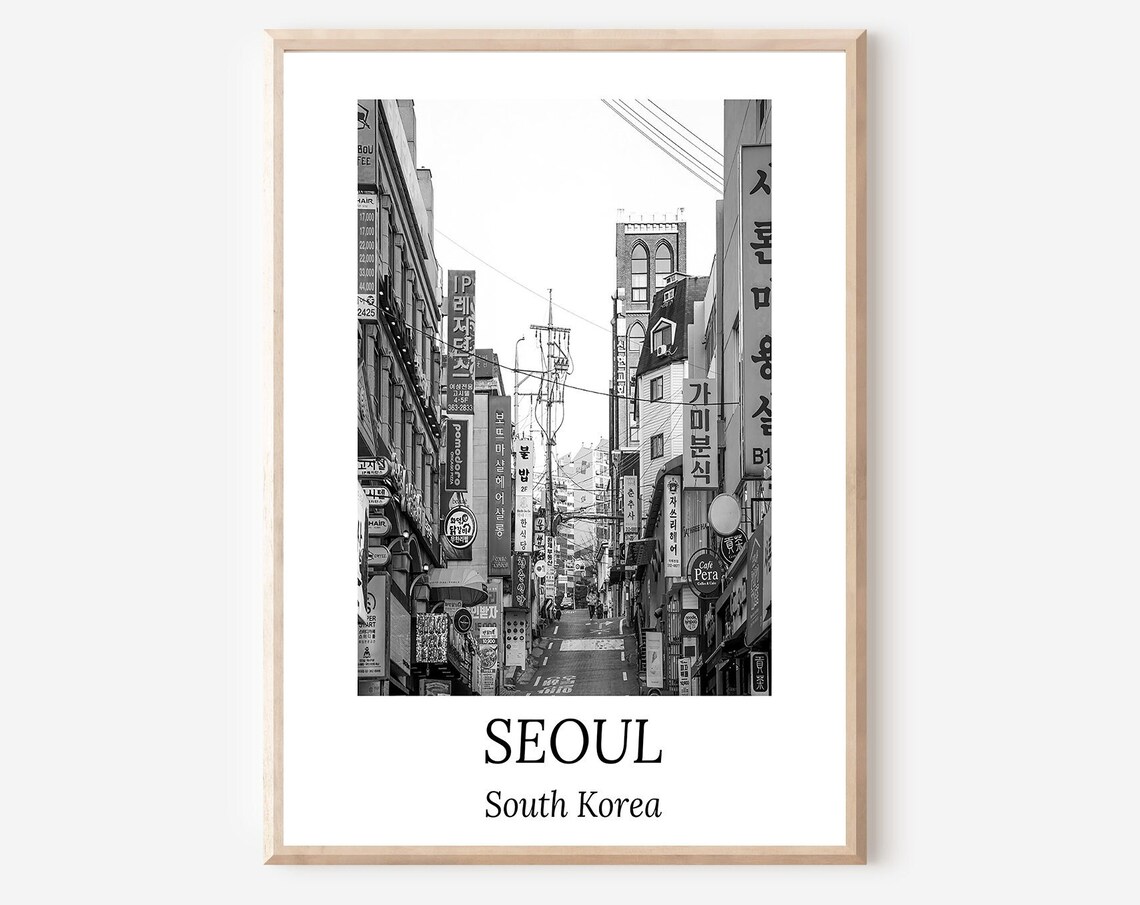 Seoul South Korea Neon Sign Street Alley Black and White Poster