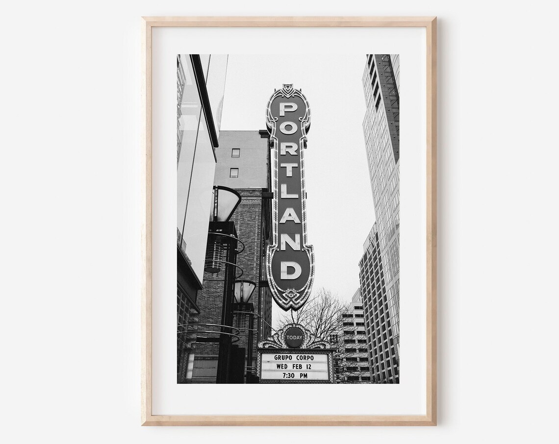 Portland Oregon Historic Marquee Black and White Poster, Theatre Sign