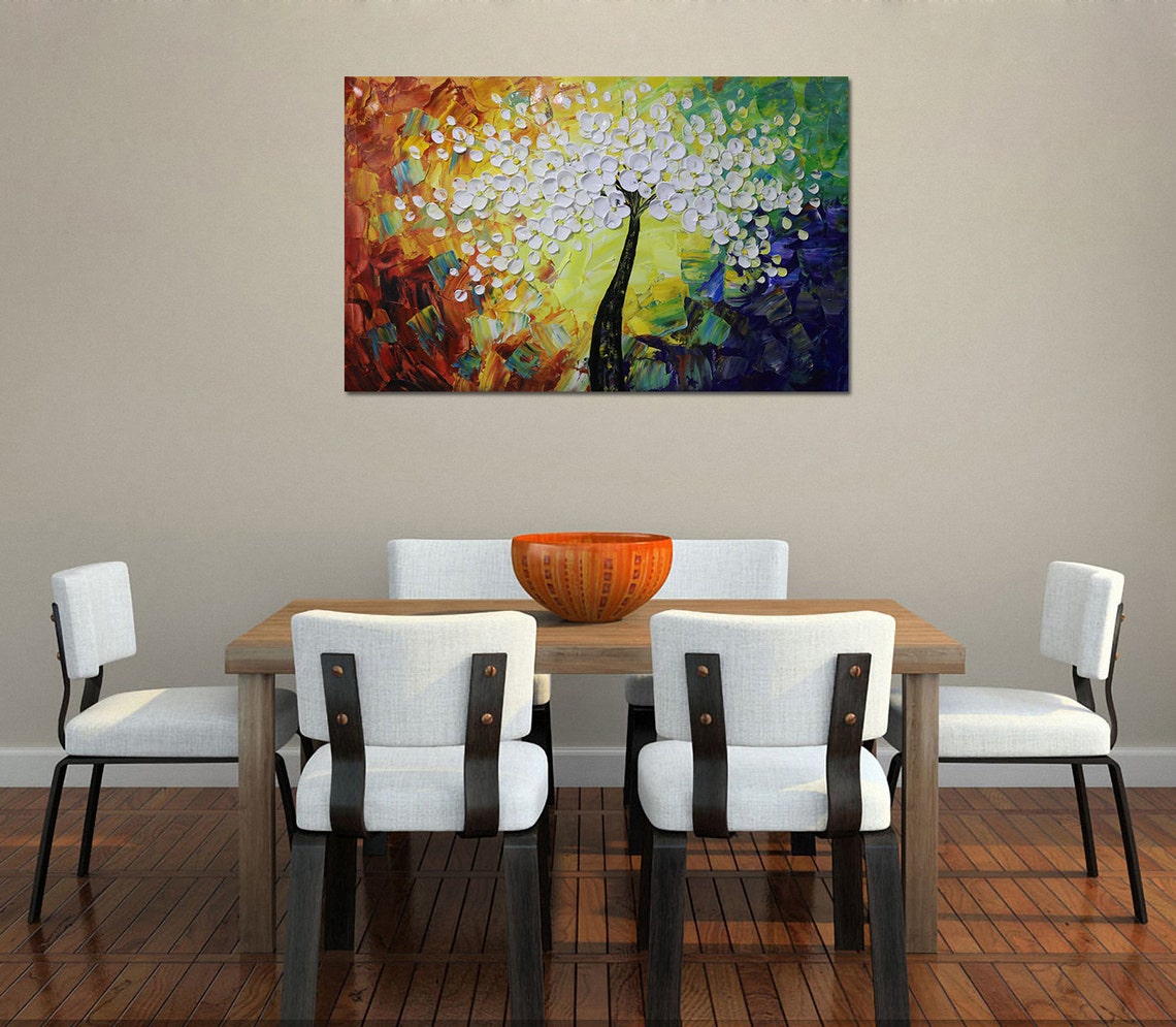 White Flowering Tree Vibrant Rainbow Background Impasto Poster - Image 3