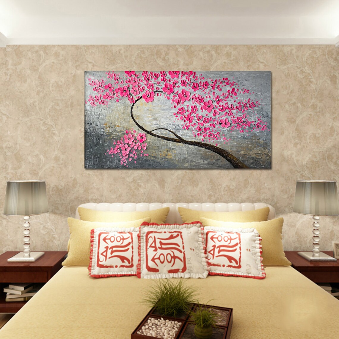 Large Art Peach Cherry Blossom Painting Pink Flower Tree Impasto Oil Painting On Living Room Decor Texture Art Palette Knife Painting - Image 3