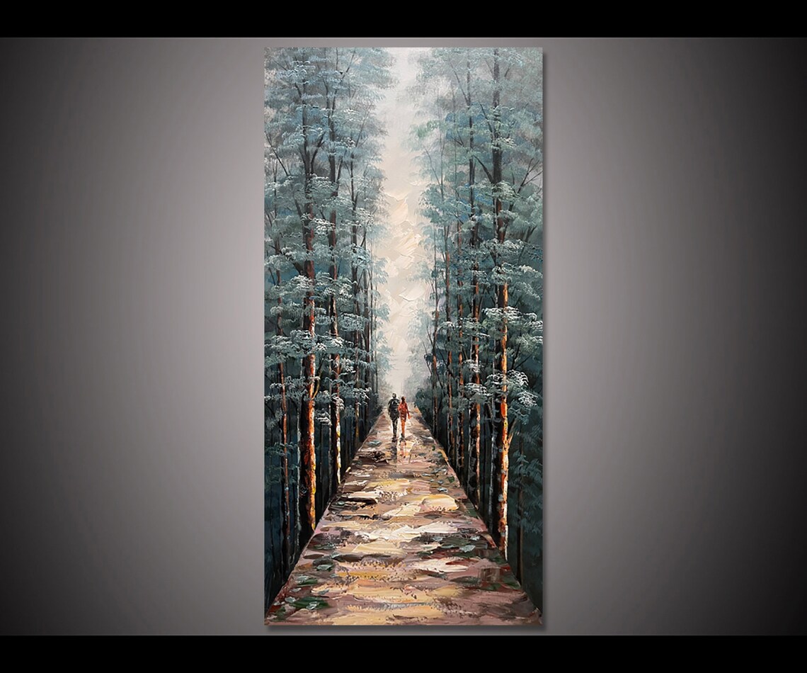 Couple Walking Forest Path Tall Trees Impasto Oil Painting Wall Art - Image 6