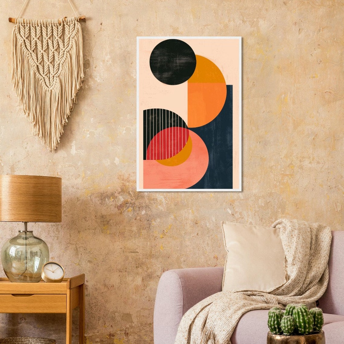 Mid Century Geometric Circles Abstract Navy Orange Coral Modern Poster - Image 3