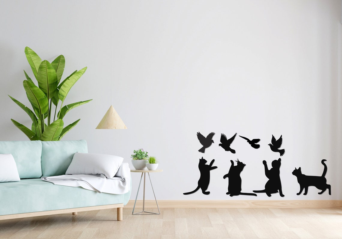 Cats And Birds Black Metal Wall Art Set Playful Silhouette Home Decor