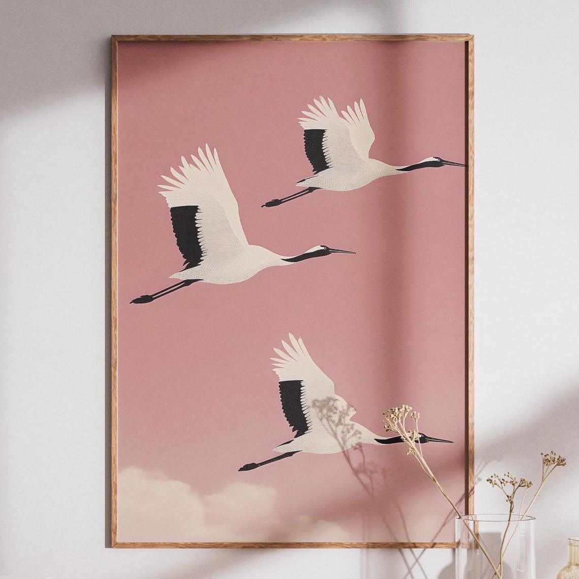 Three Japanese Cranes Flying Pink Minimalist Bird Art Wall Poster