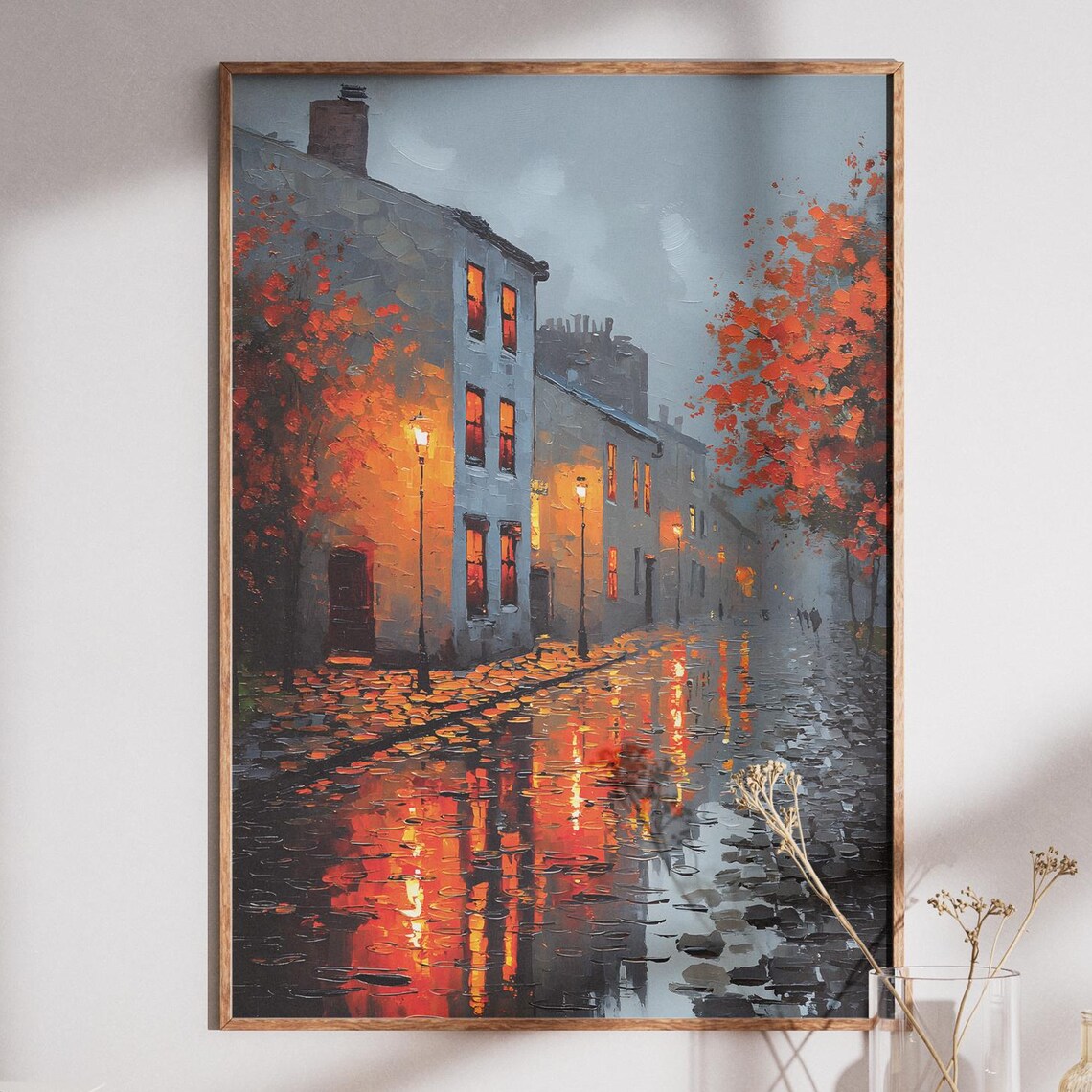 Autumn Rainy Street Cozy Cityscape Lamplight Reflections Poster
