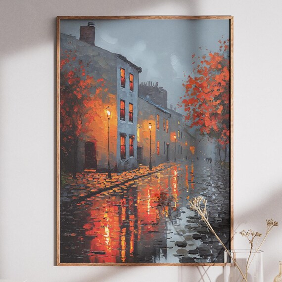 Autumn Rainy Street Cozy Cityscape Lamplight Reflections Poster