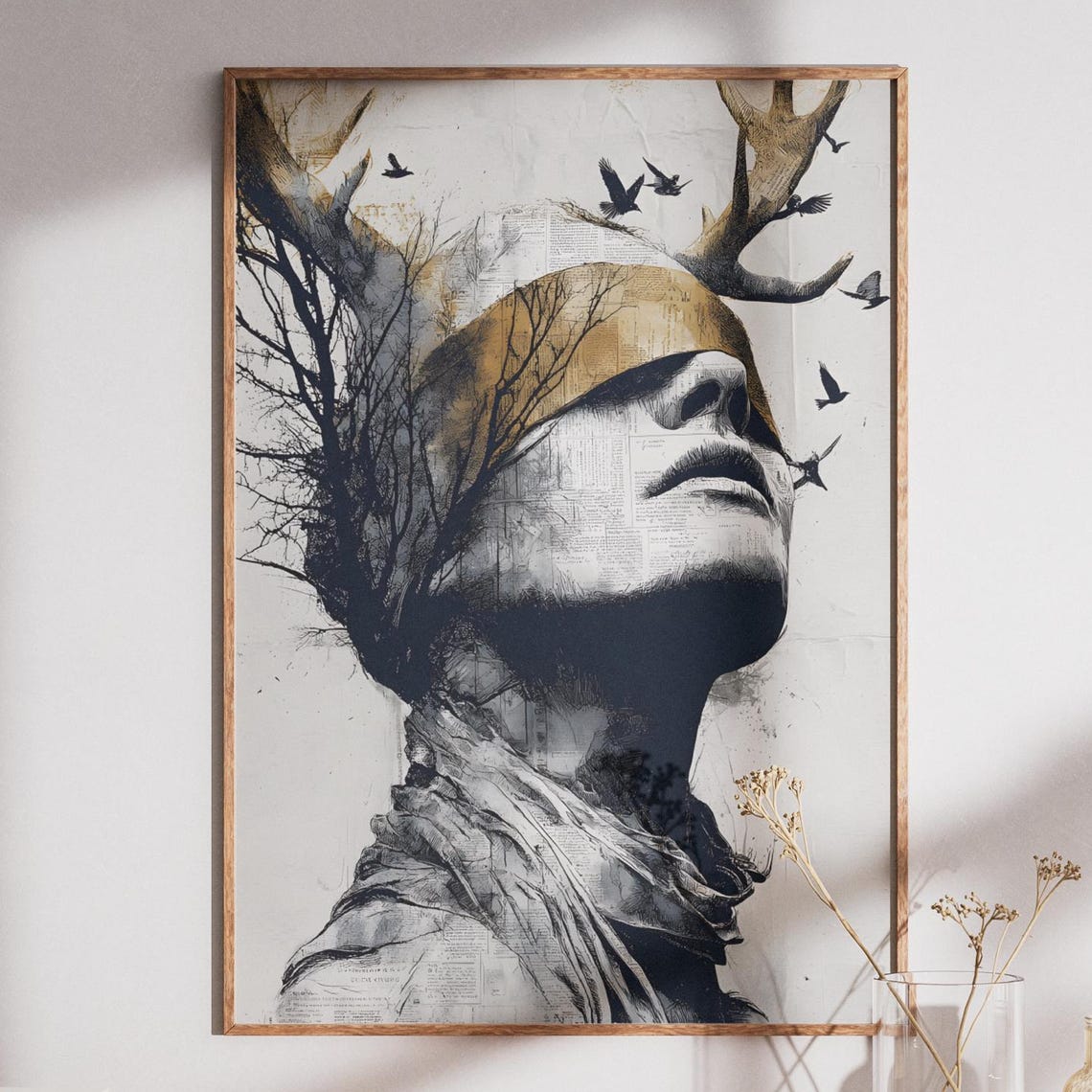 Surreal Blindfolded Woman Portrait with Tree Branches Art Print