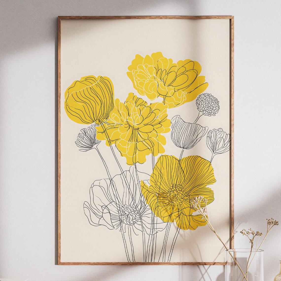 Minimalist Yellow Wildflower Poppies Line Art Botanical Print