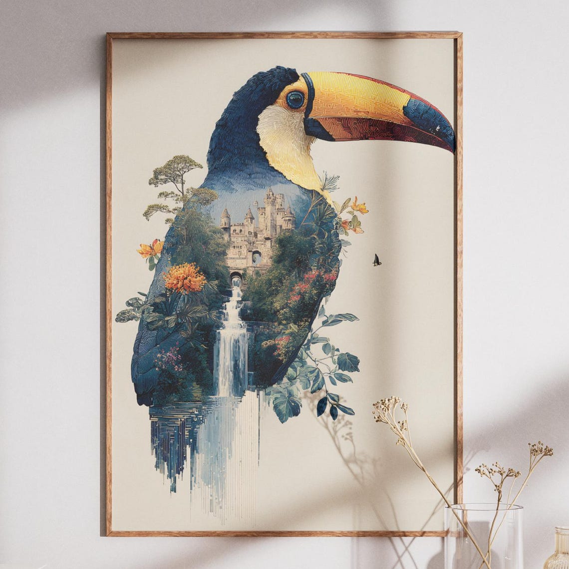 Tropical Toucan Silhouette Art Print Nature Collage Wall Decor With Waterfall Castle Botanical Jungle Illustration