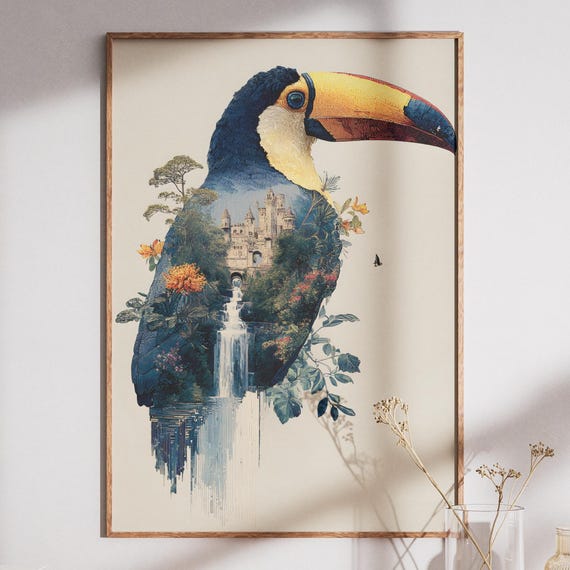 Tropical Toucan Silhouette Art Print Nature Collage Wall Decor With Waterfall Castle Botanical Jungle Illustration