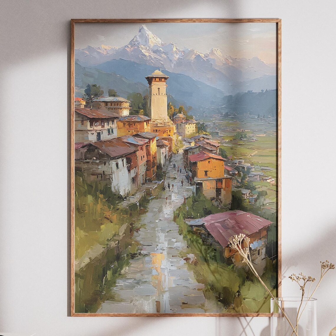 Nepal Himalayan Mountain Village Tower Golden Hour Oil Painting Poster