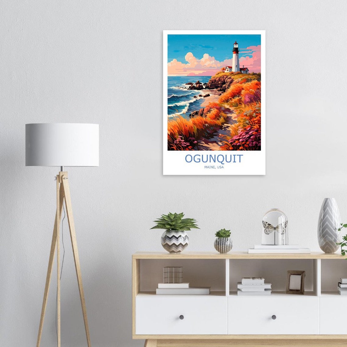 Ogunquit Maine Lighthouse On Rocky Coast At Sunset Travel Poster - Image 3